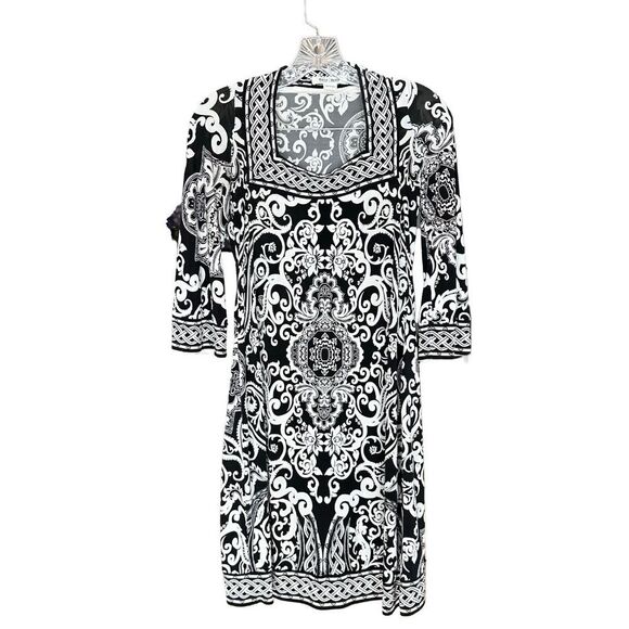 WHBM Black & White 3/4 Sleeve Square Neck Lightweight Pattern Midi-Knee Size XS - Picture 1 of 12